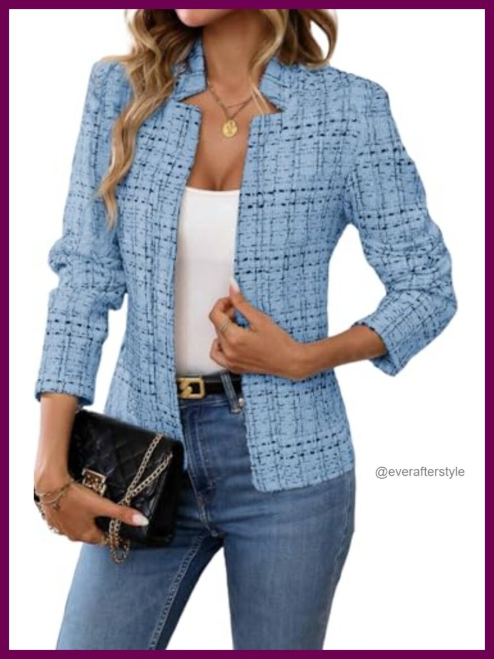 Womens Tweed Open Front Blazer Long Sleeve Slim Fit Business Casual